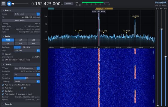 PowerRF tuned to NOAA weather radio in narrow FM, with peak markers on the active signals